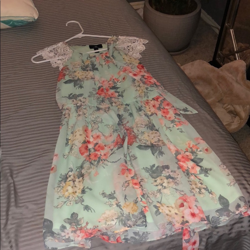 Spring light turquoise lace detail dress